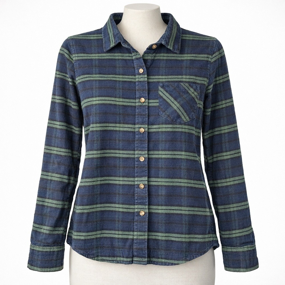 Marine Layer Womens Flannel Button Shirt Size XS Blue Green Plaid Striped Grunge